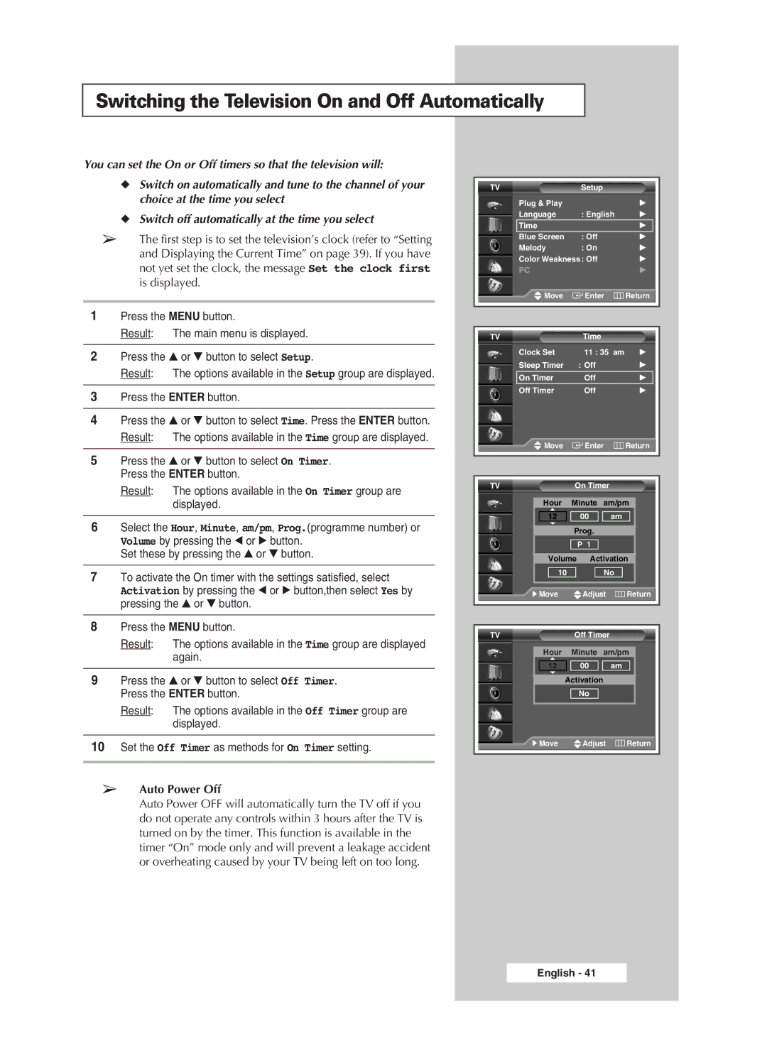 Samsung SP42L6HX, SP46L6HX, SP50L6HX, SP56L6HX, SP67L6HX Switching the Television On and Off Automatically, Auto Power Off 