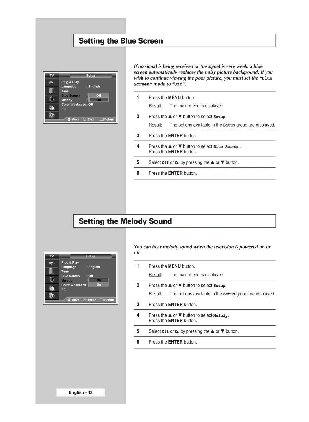 Samsung SP46L6HX, SP50L6HX, SP56L6HX, SP67L6HX, SP61L6HX, SP42L6HX manual Setting the Blue Screen, Setting the Melody Sound 