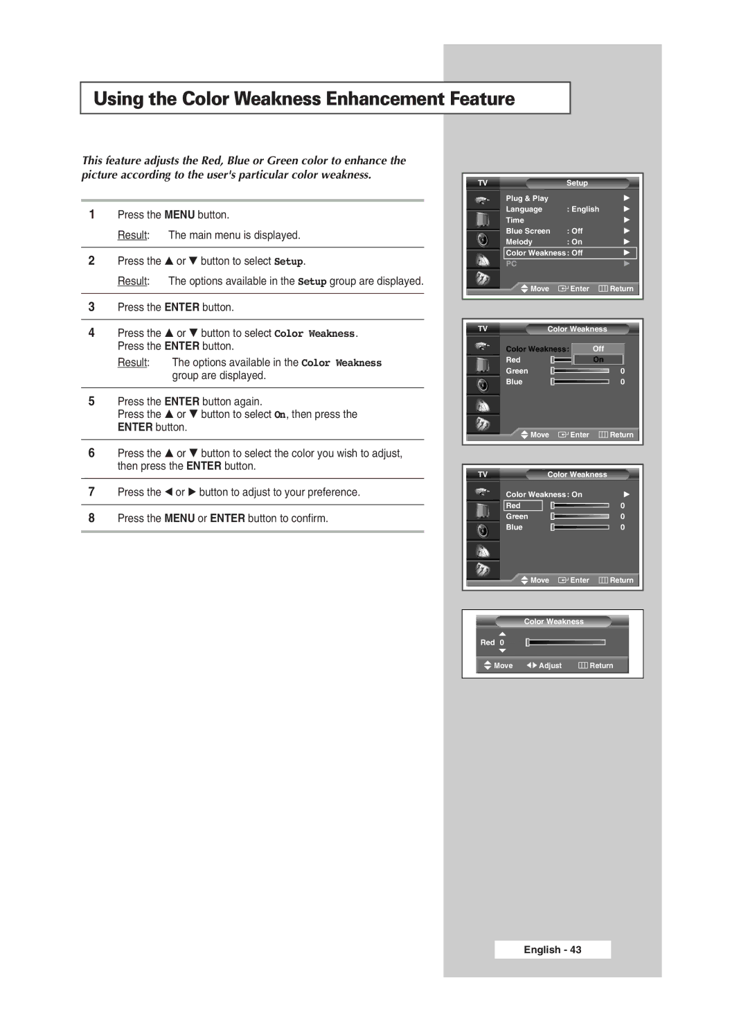 Samsung SP50L6HX, SP46L6HX, SP56L6HX, SP67L6HX, SP61L6HX, SP42L6HX manual Using the Color Weakness Enhancement Feature 