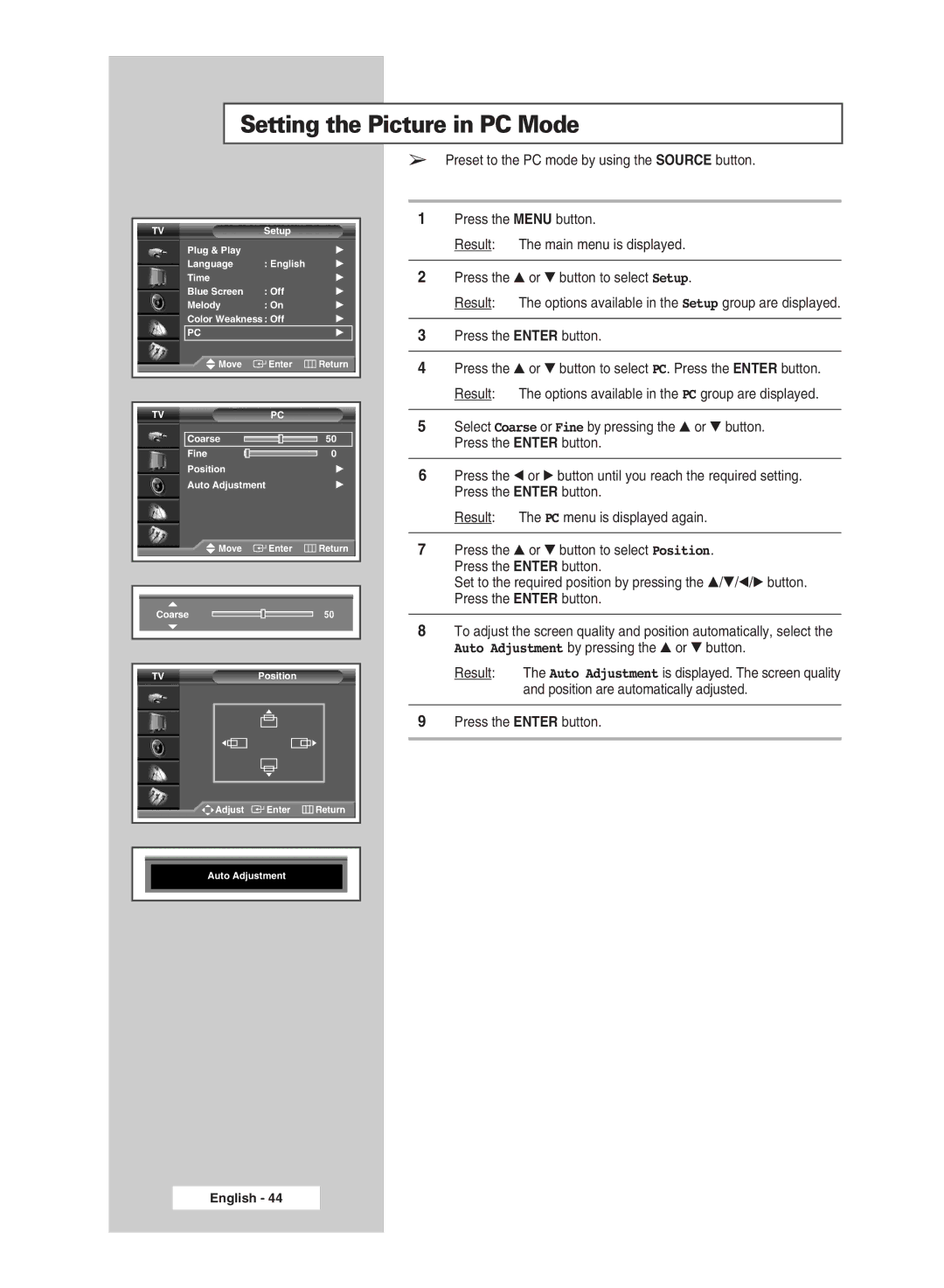 Samsung SP56L6HX, SP46L6HX, SP50L6HX manual Setting the Picture in PC Mode, Preset to the PC mode by using the Source button 