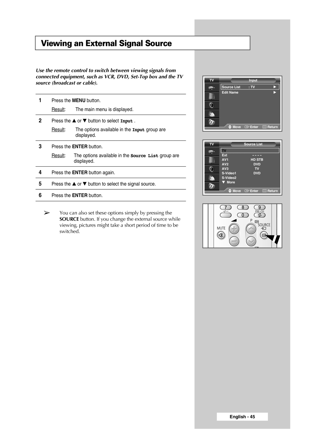 Samsung SP67L6HX, SP46L6HX, SP50L6HX, SP56L6HX, SP61L6HX, SP42L6HX manual Viewing an External Signal Source 