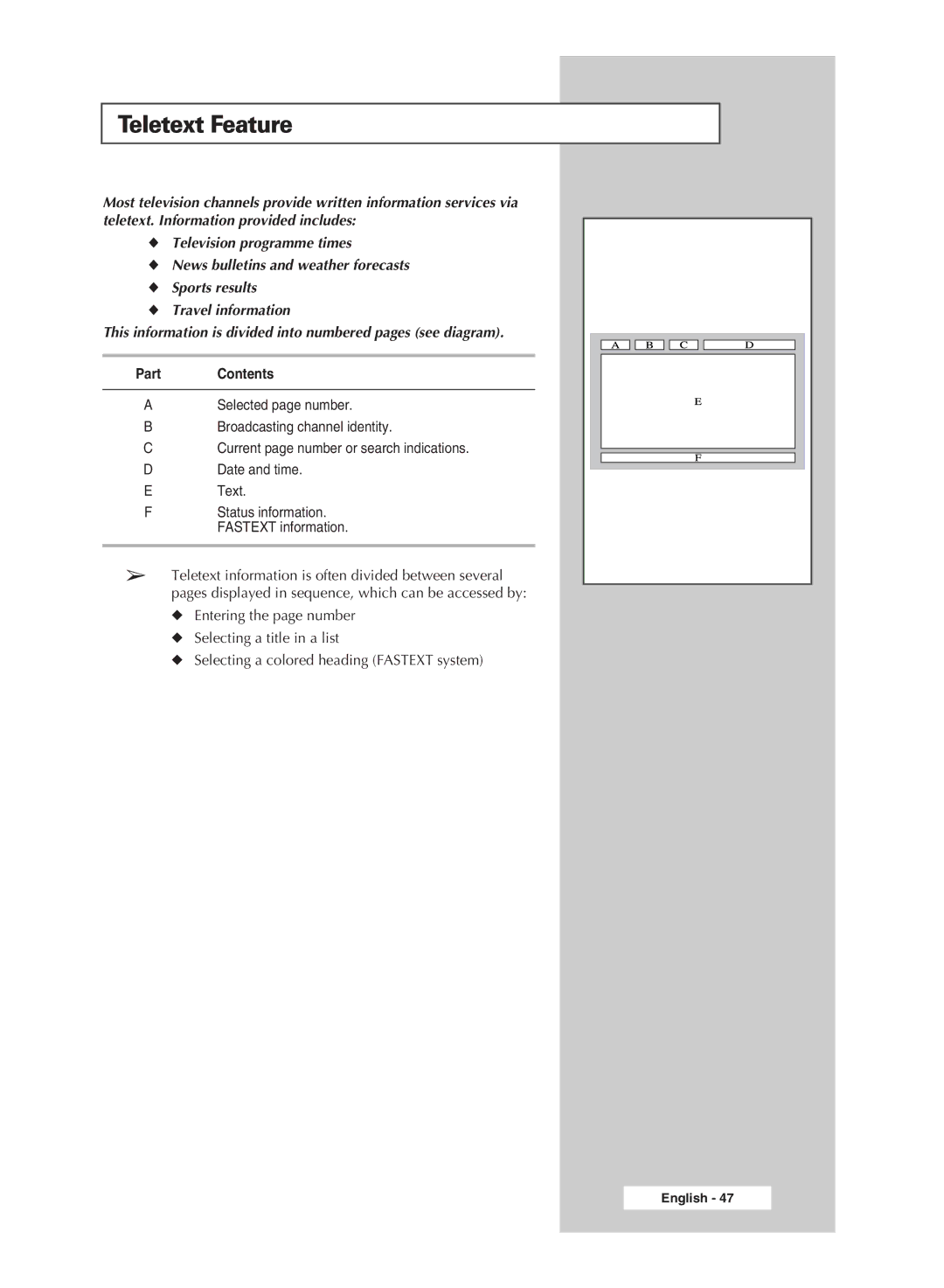 Samsung SP42L6HX, SP46L6HX, SP50L6HX, SP56L6HX, SP67L6HX, SP61L6HX manual Teletext Feature, Part Contents 