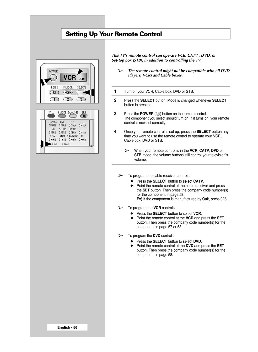 Samsung SP56L6HX, SP46L6HX manual Setting Up Your Remote Control, This TV’s remote control can operate VCR, Catv , DVD, or 