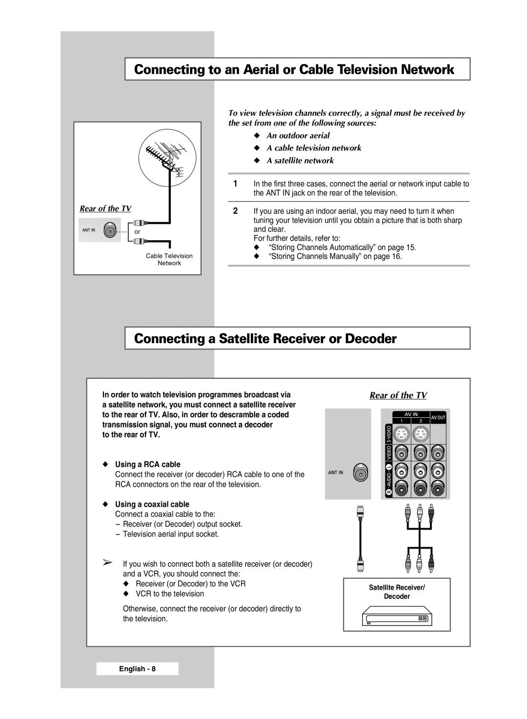 Samsung SP56L6HX, SP46L6HX Connecting to an Aerial or Cable Television Network, Connecting a Satellite Receiver or Decoder 