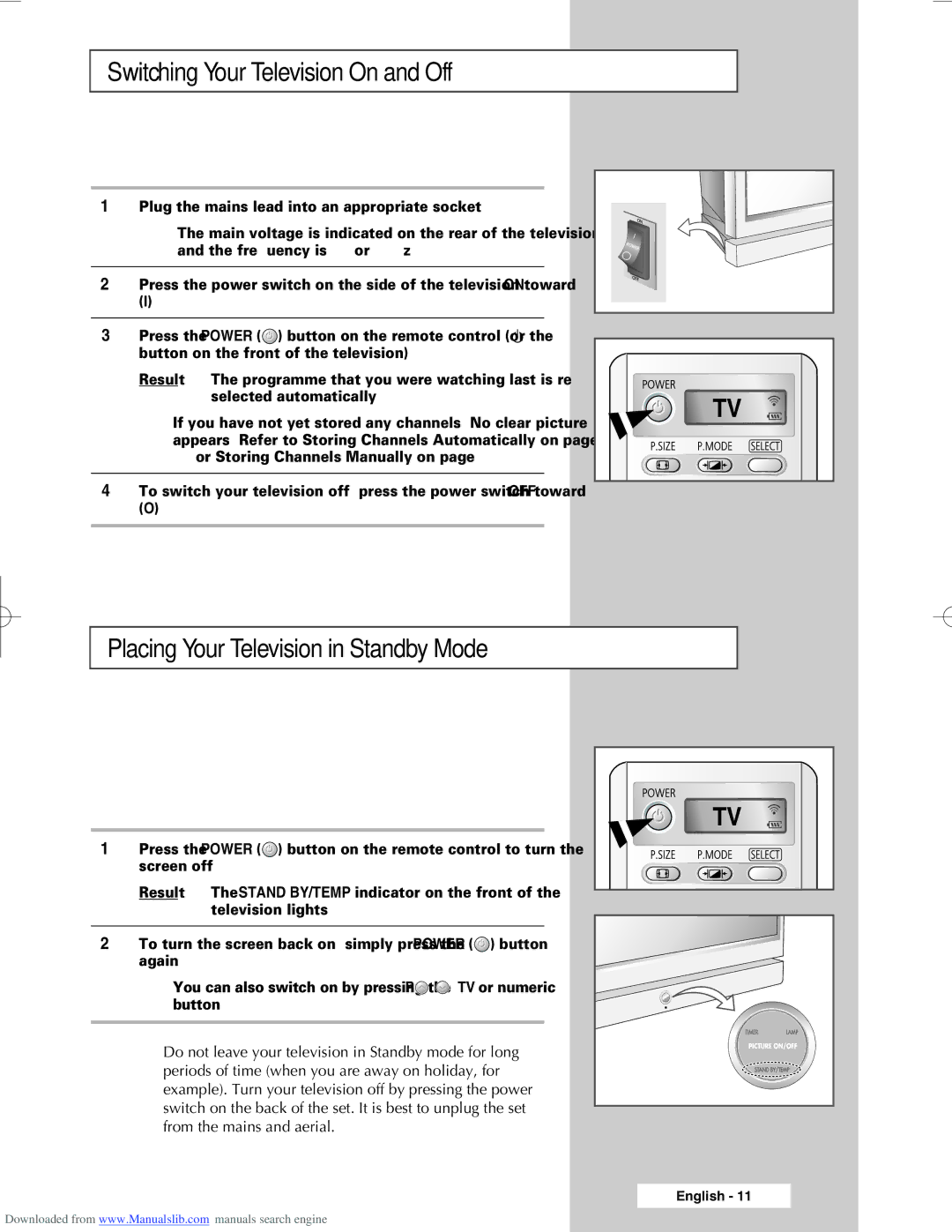 Samsung SP50L6HX, SP46L6HX, SP56L6HX, SP67L6HX Switching Your Television On and Off, Placing Your Television in Standby Mode 