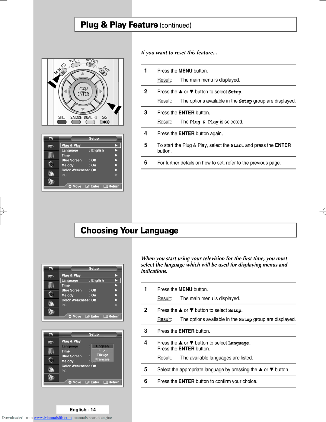 Samsung SP61L6HX, SP46L6HX, SP50L6HX, SP56L6HX, SP67L6HX manual Choosing Your Language, If you want to reset this feature 