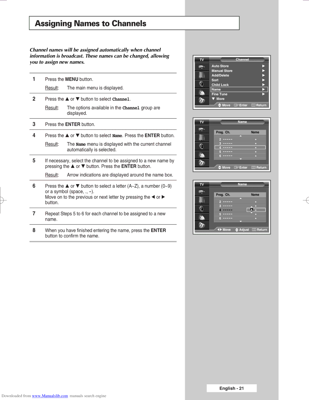 Samsung SP50L6HX, SP46L6HX, SP56L6HX, SP67L6HX, SP61L6HX manual Assigning Names to Channels 