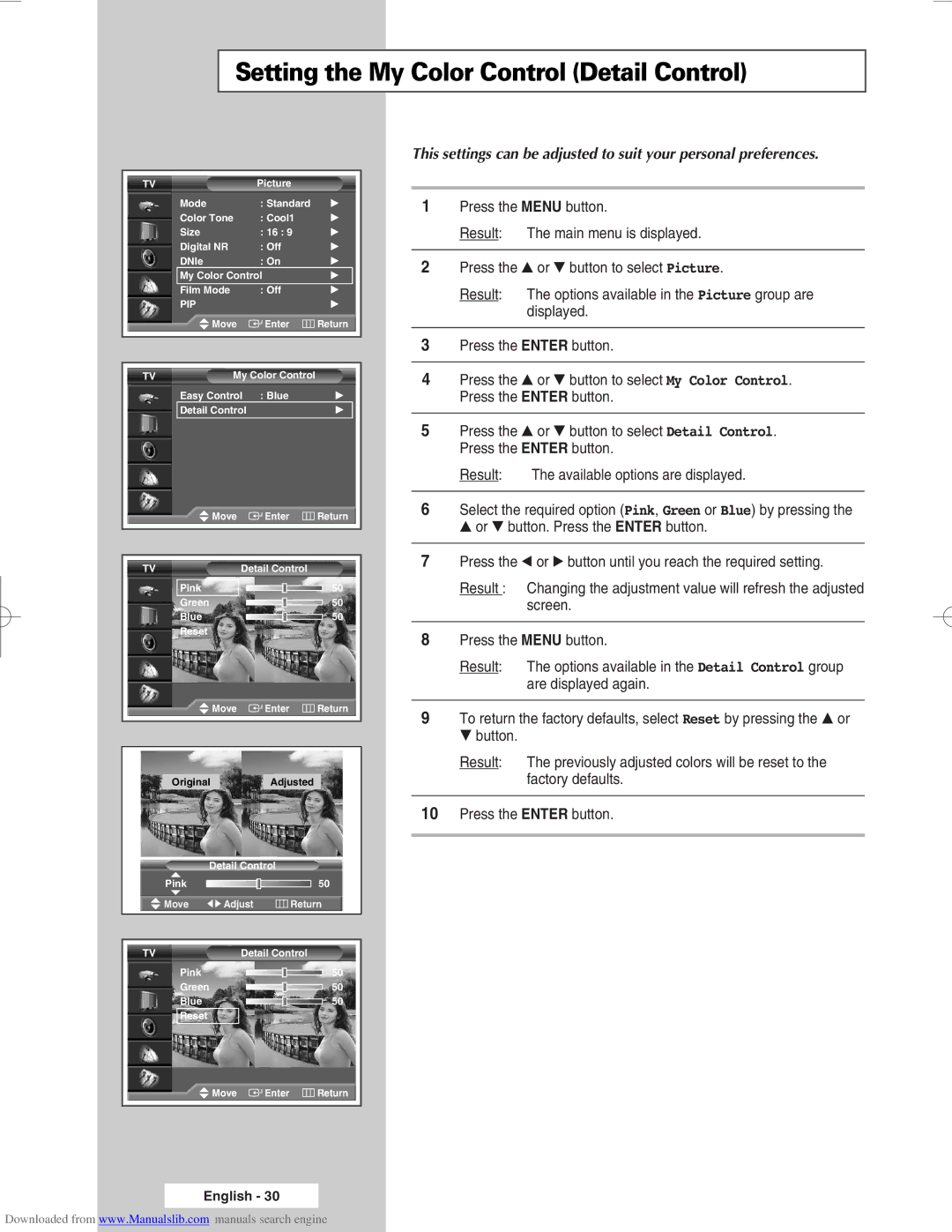 Samsung SP46L6HX, SP50L6HX, SP56L6HX, SP67L6HX, SP61L6HX manual Setting the My Color Control Detail Control 