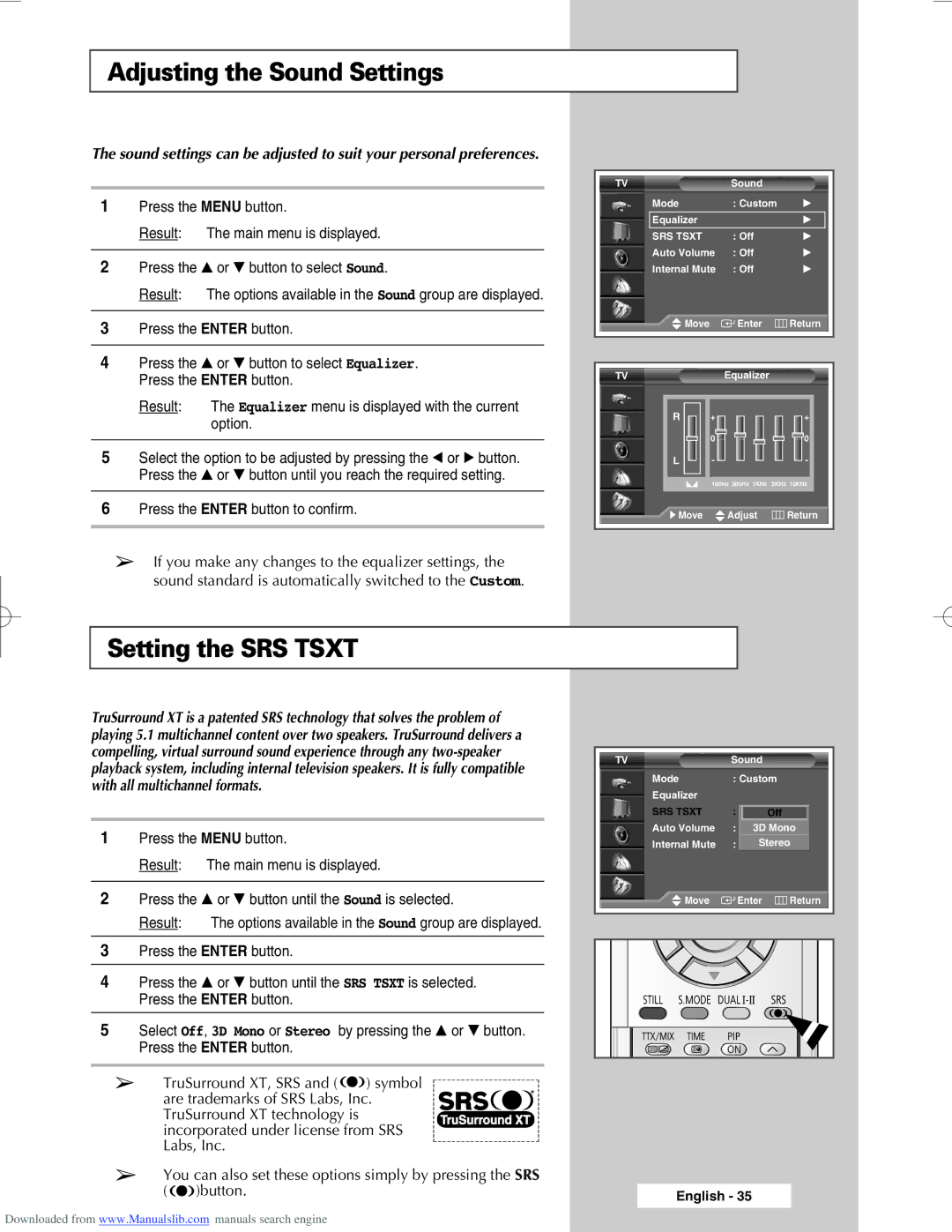 Samsung SP46L6HX, SP50L6HX manual Adjusting the Sound Settings, Setting the SRS Tsxt, Option, With all multichannel formats 