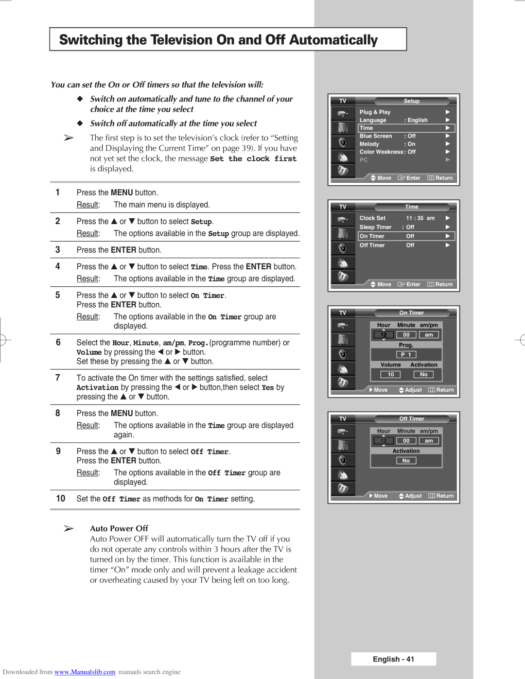 Samsung SP50L6HX, SP46L6HX, SP56L6HX, SP67L6HX, SP61L6HX Switching the Television On and Off Automatically, Auto Power Off 