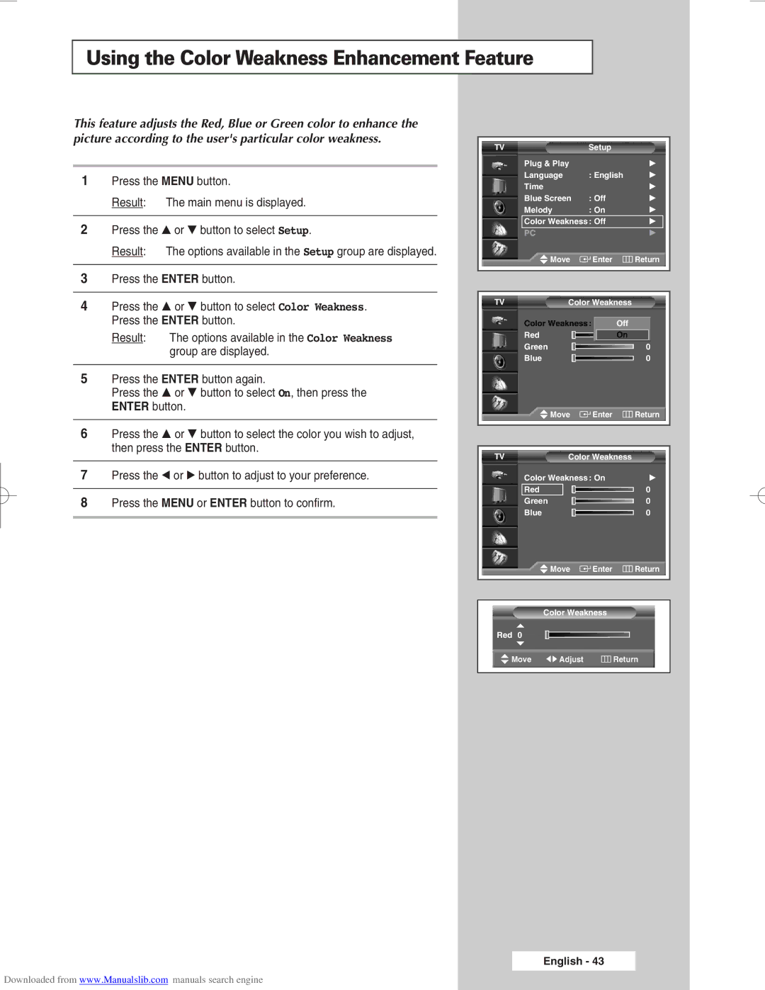 Samsung SP67L6HX, SP46L6HX, SP50L6HX, SP56L6HX, SP61L6HX manual Using the Color Weakness Enhancement Feature 