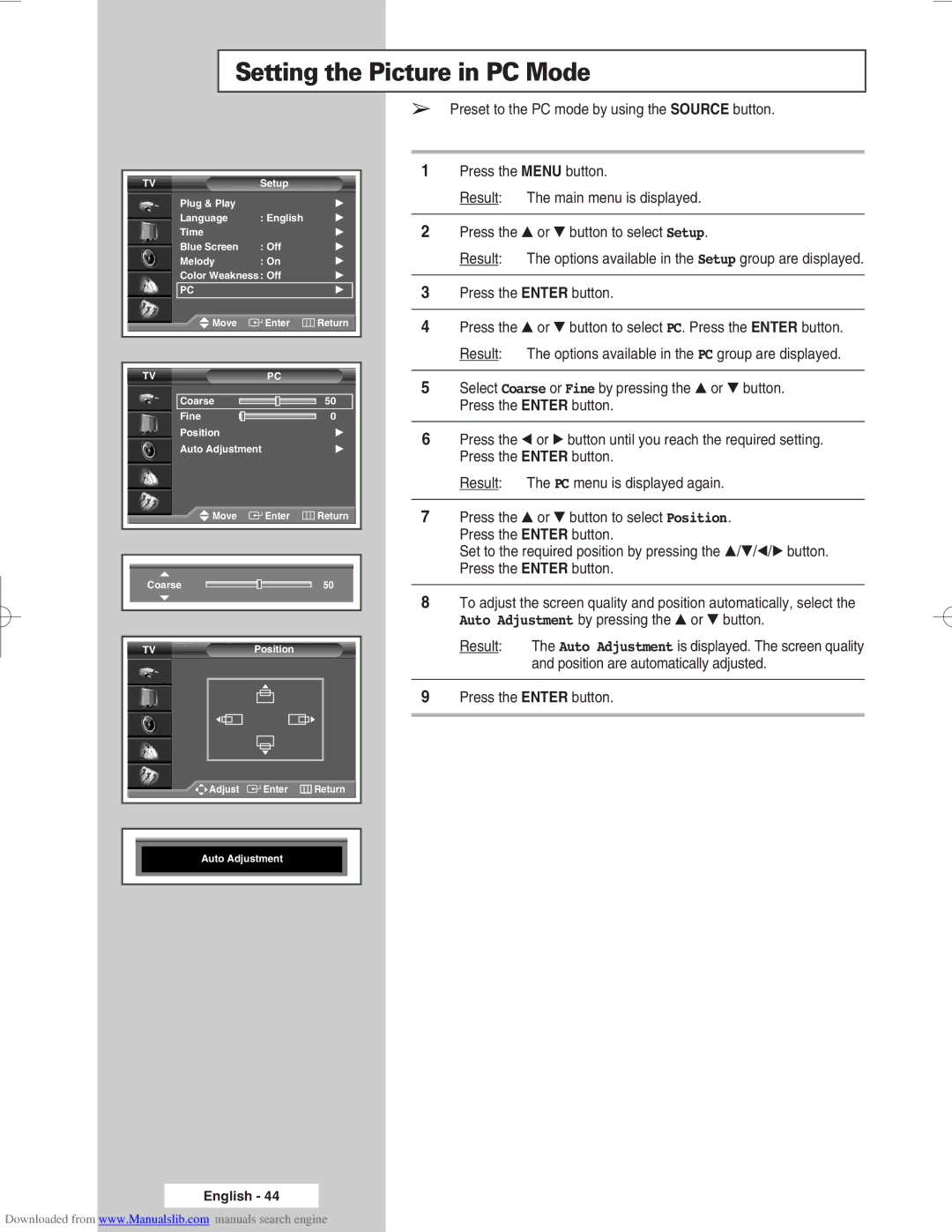 Samsung SP61L6HX, SP46L6HX, SP50L6HX manual Setting the Picture in PC Mode, Preset to the PC mode by using the Source button 