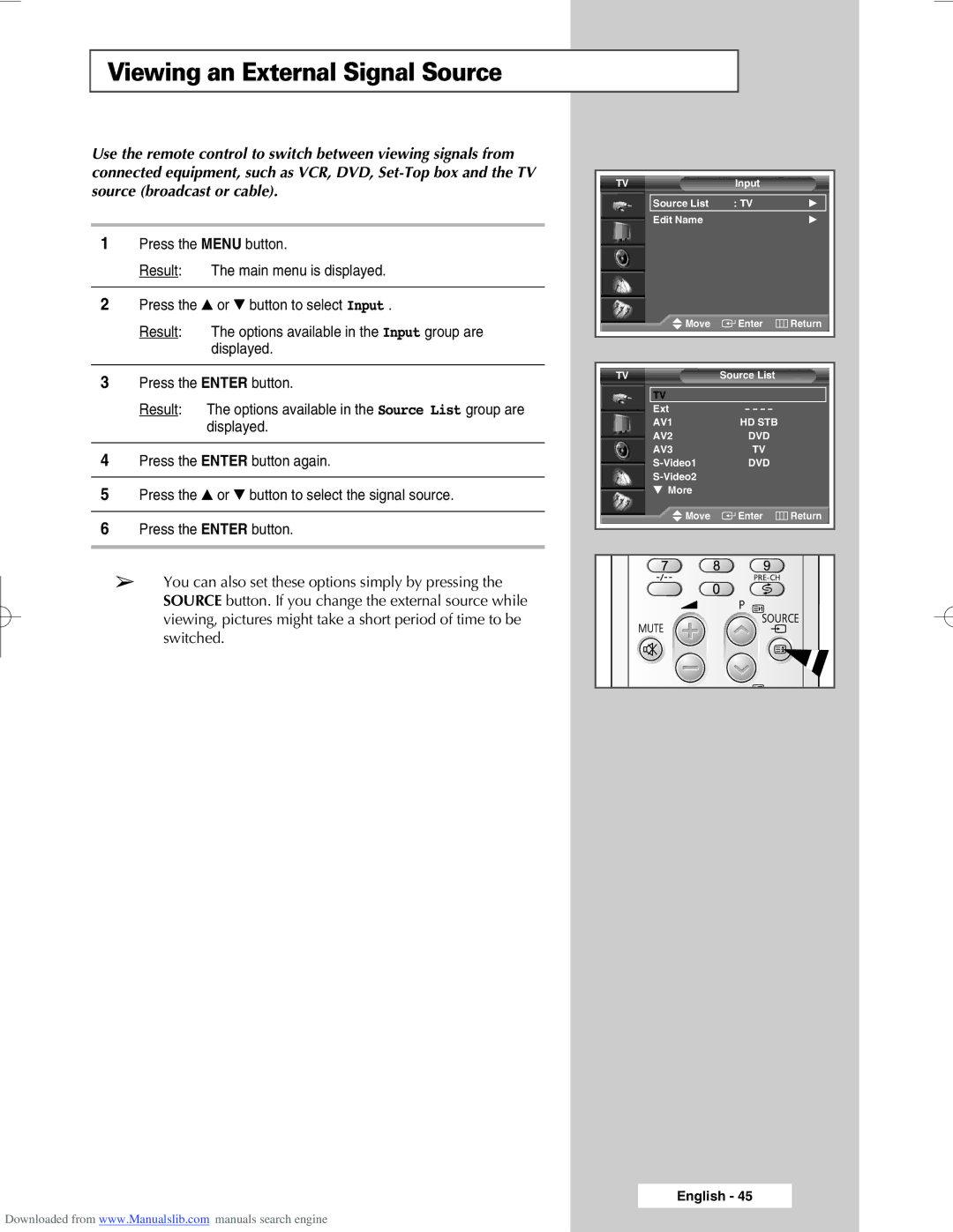 Samsung SP46L6HX, SP50L6HX, SP56L6HX, SP67L6HX, SP61L6HX manual Viewing an External Signal Source 