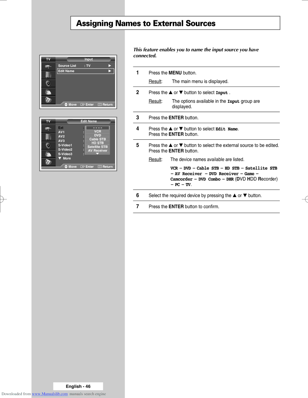 Samsung SP50L6HX, SP46L6HX, SP56L6HX, SP67L6HX, SP61L6HX manual Assigning Names to External Sources 