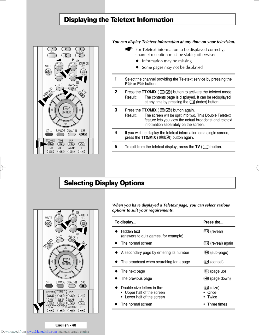 Samsung SP67L6HX, SP46L6HX, SP50L6HX, SP56L6HX, SP61L6HX manual Displaying the Teletext Information, Selecting Display Options 