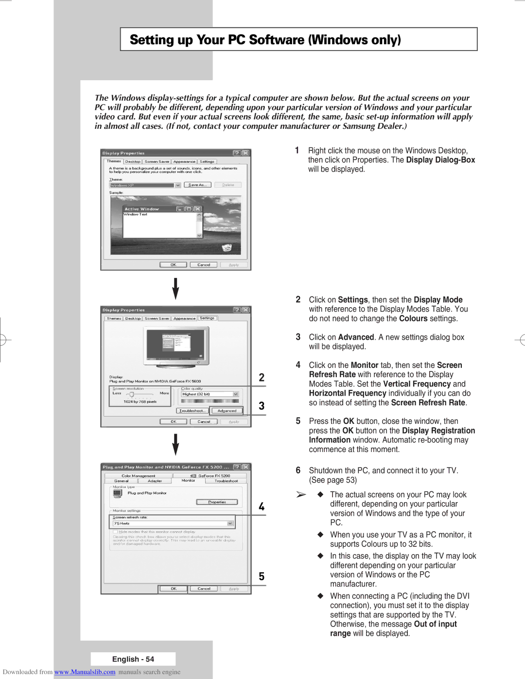 Samsung SP61L6HX Setting up Your PC Software Windows only, Otherwise, the message Out of input range will be displayed 