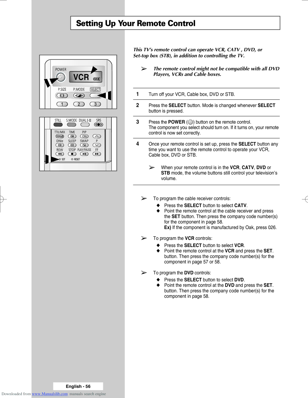 Samsung SP50L6HX, SP46L6HX manual Setting Up Your Remote Control, This TV’s remote control can operate VCR, Catv , DVD, or 