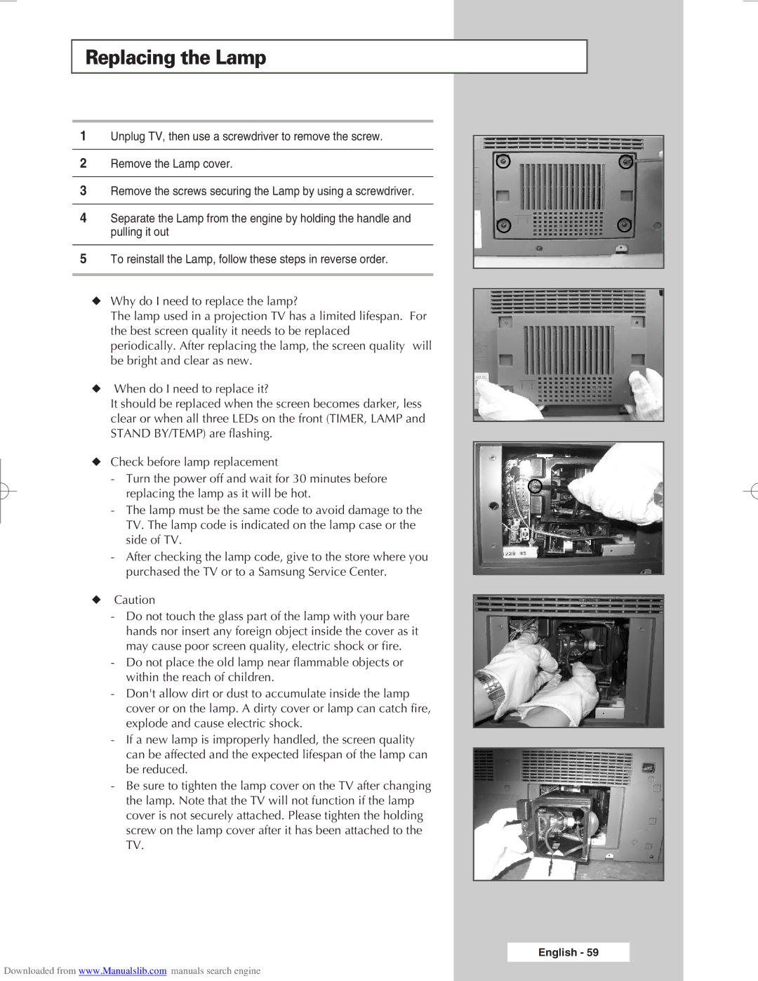 Samsung SP61L6HX, SP46L6HX, SP50L6HX, SP56L6HX, SP67L6HX manual Replacing the Lamp 