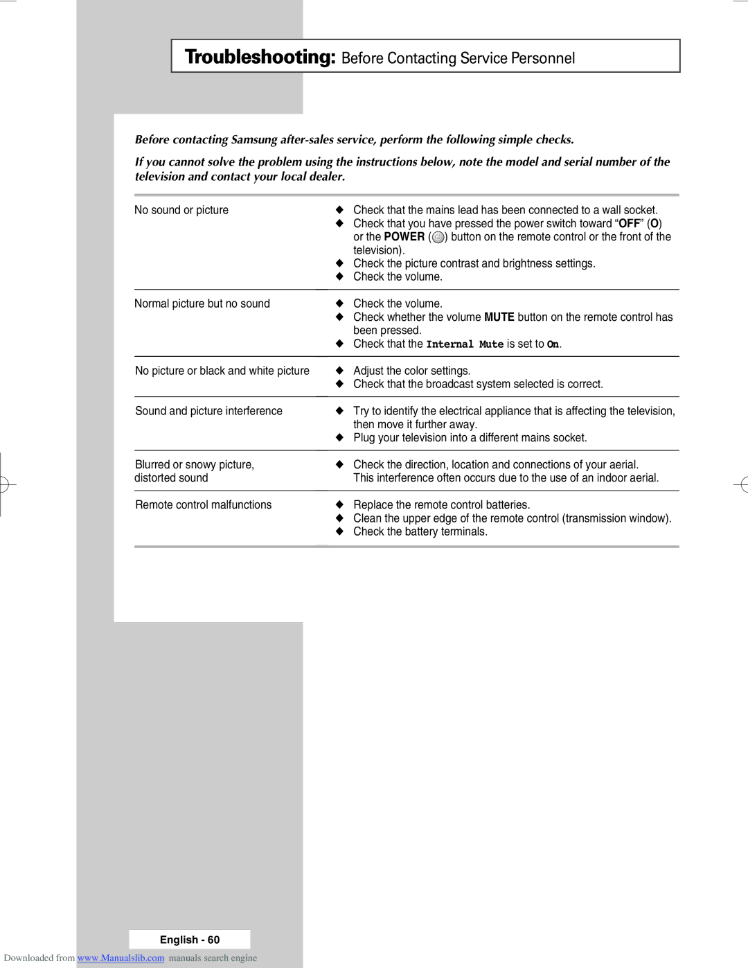 Samsung SP46L6HX No sound or picture, Television, Check the picture contrast and brightness settings, Check the volume 