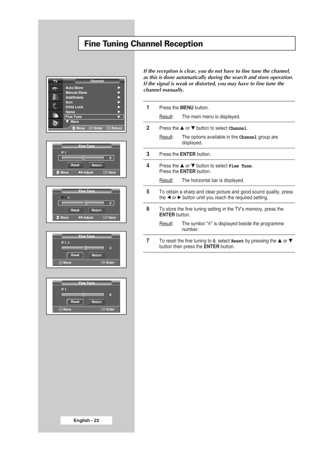 Samsung SP61L6HX, SP46L6HX, SP56L6HX, SP42L6HX manual Fine Tuning Channel Reception 