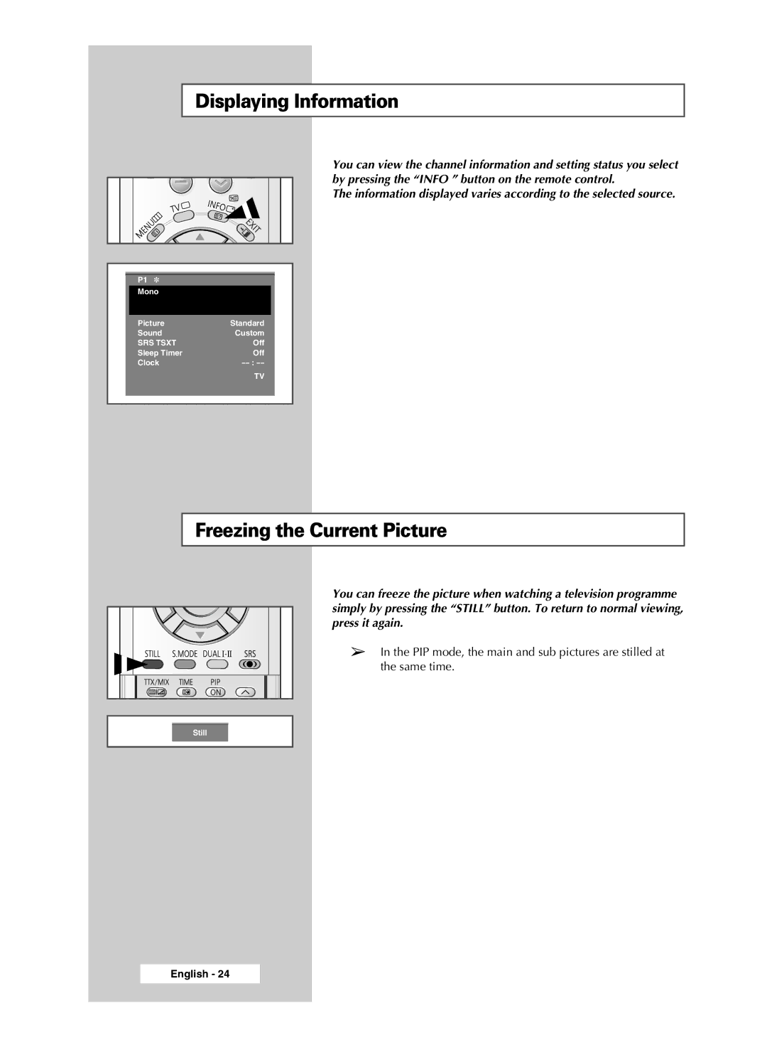 Samsung SP46L6HX, SP56L6HX, SP61L6HX, SP42L6HX manual Displaying Information, Freezing the Current Picture 