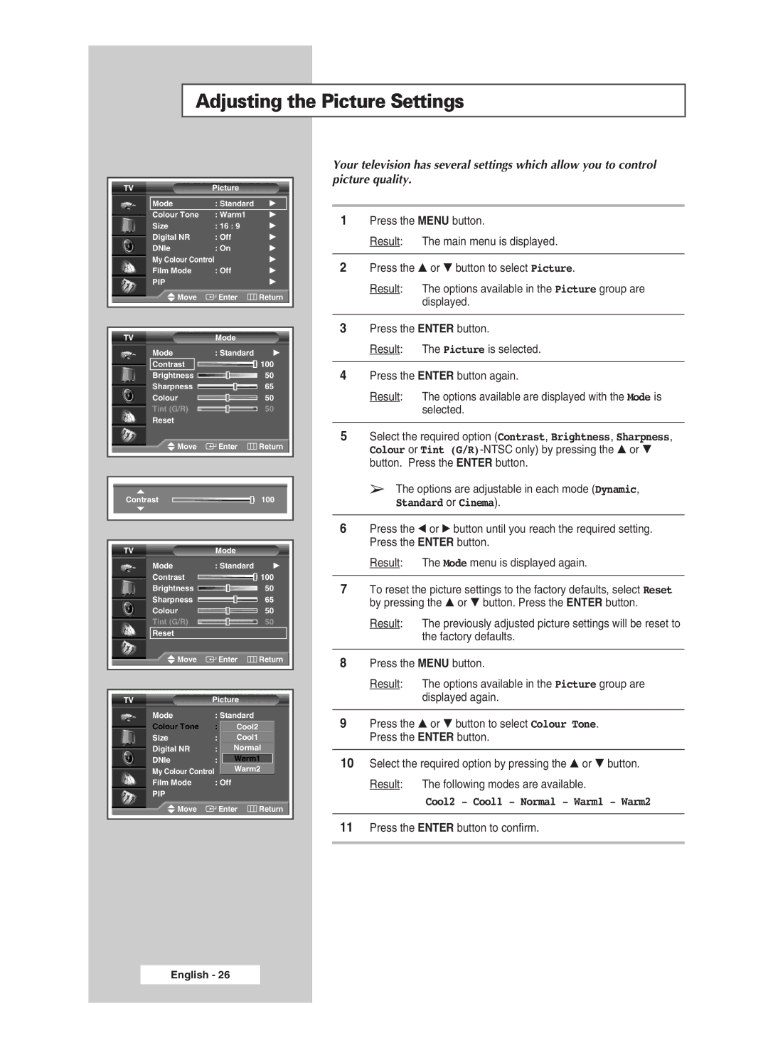 Samsung SP61L6HX, SP46L6HX, SP56L6HX, SP42L6HX manual Adjusting the Picture Settings, Standard or Cinema 