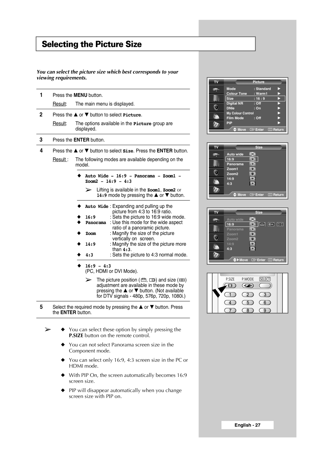 Samsung SP42L6HX, SP46L6HX, SP56L6HX, SP61L6HX manual Selecting the Picture Size, Auto Wide 169 Panorama Zoom1 Zoom2 149 