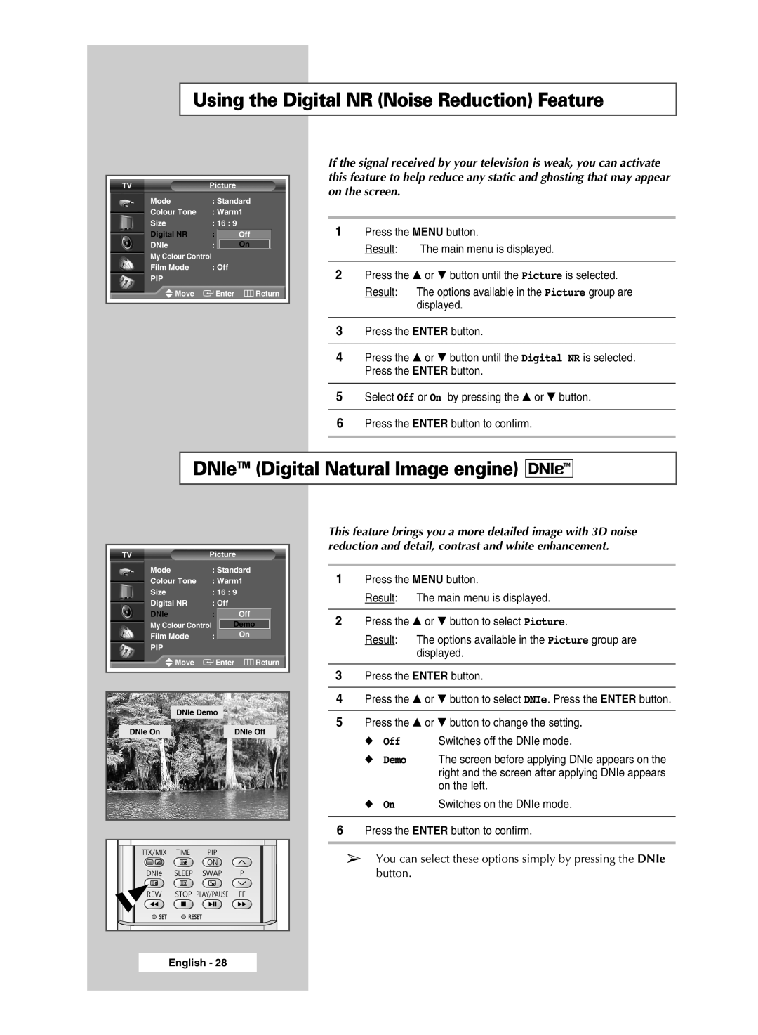 Samsung SP46L6HX, SP56L6HX, SP61L6HX manual Using the Digital NR Noise Reduction Feature, DNIeTM Digital Natural Image engine 