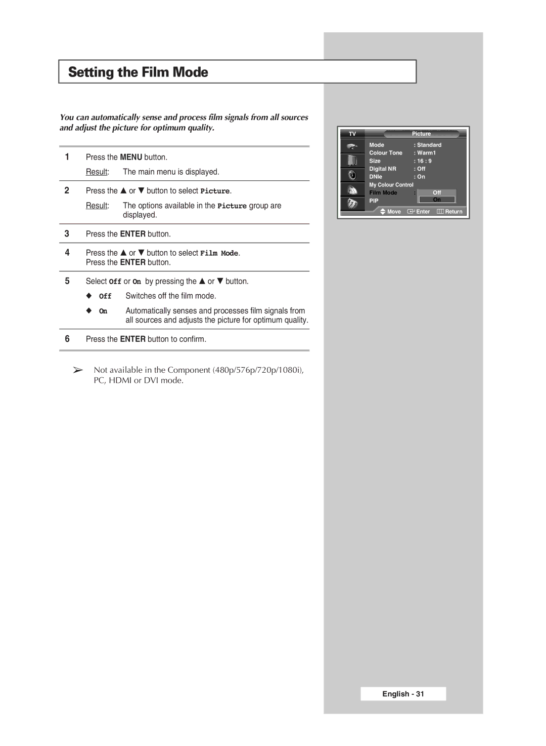 Samsung SP42L6HX, SP46L6HX, SP56L6HX, SP61L6HX manual Setting the Film Mode 