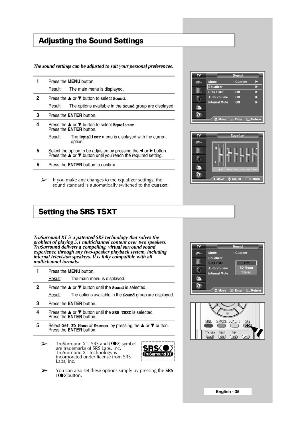 Samsung SP42L6HX, SP46L6HX, SP56L6HX, SP61L6HX manual Adjusting the Sound Settings, Setting the SRS Tsxt, Multichannel formats 