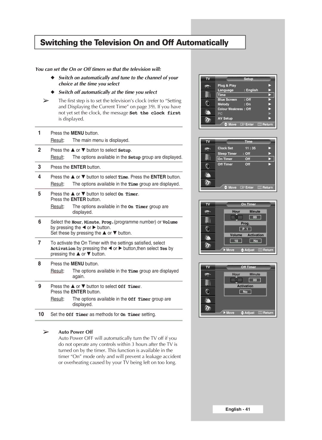 Samsung SP56L6HX, SP46L6HX, SP61L6HX, SP42L6HX manual Switching the Television On and Off Automatically, Auto Power Off 