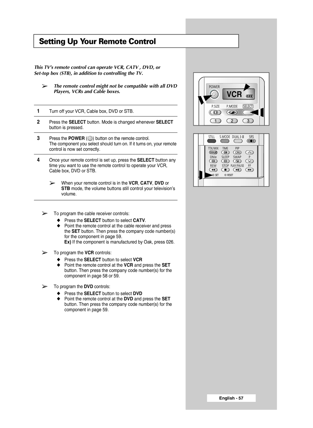 Samsung SP56L6HX, SP46L6HX, SP61L6HX, SP42L6HX manual Setting Up Your Remote Control, Vcr 