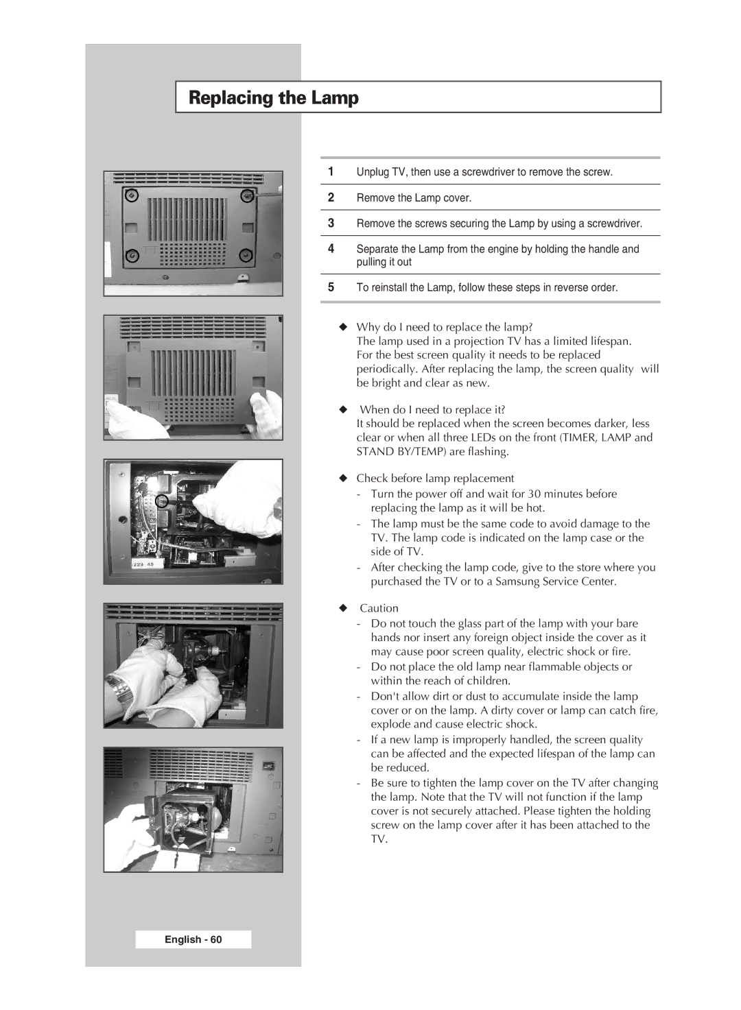 Samsung SP46L6HX, SP56L6HX, SP61L6HX, SP42L6HX manual Replacing the Lamp 