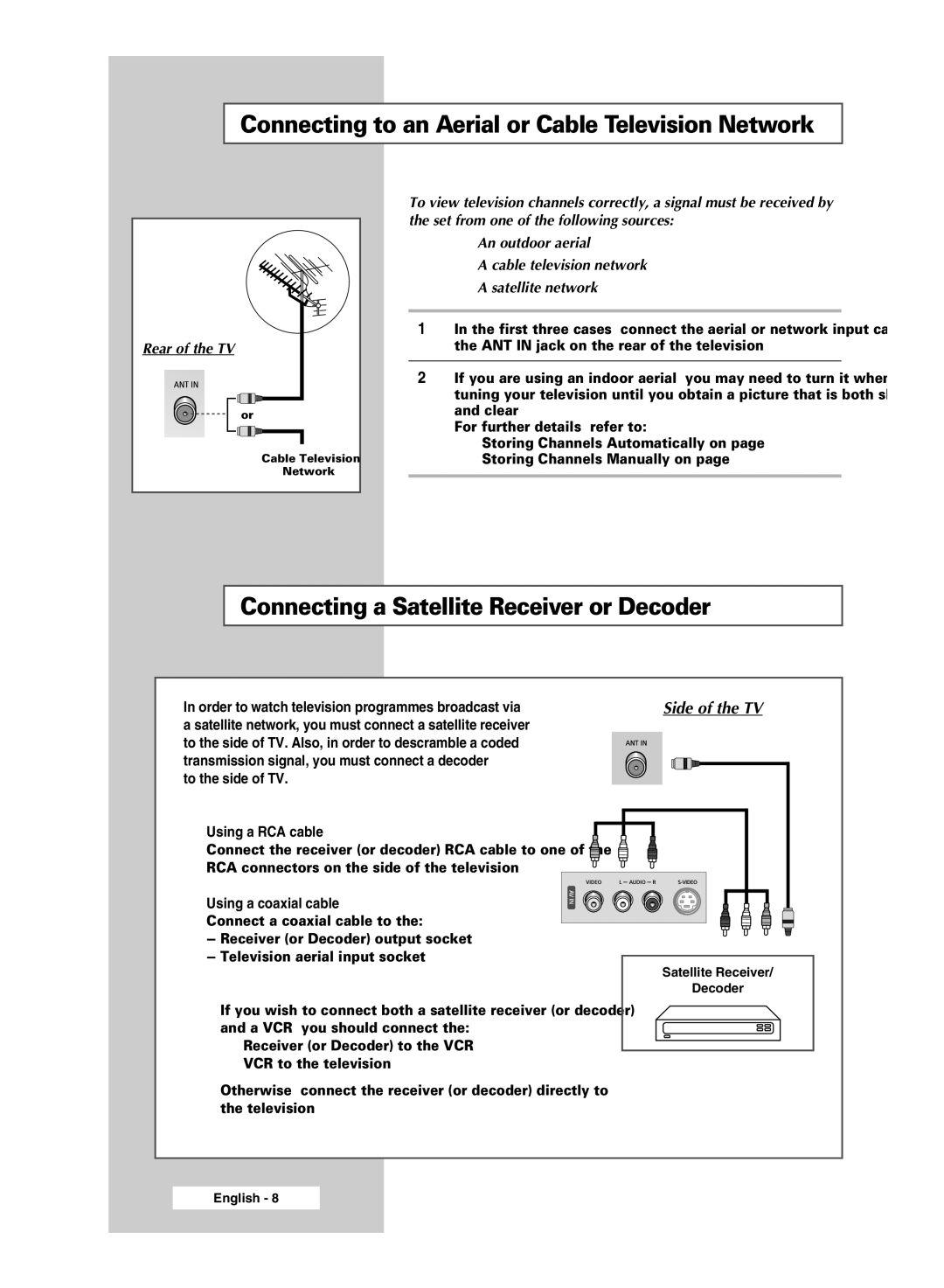 Samsung SP46L6HX, SP56L6HX Connecting to an Aerial or Cable Television Network, Connecting a Satellite Receiver or Decoder 