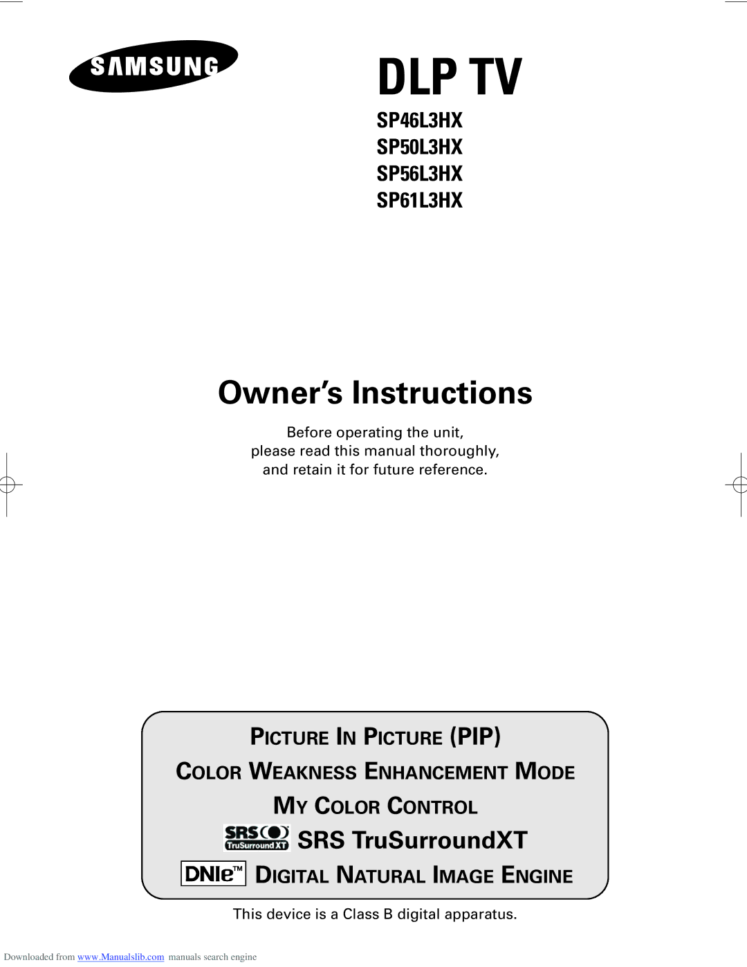 Samsung SP61L3HX, SP50L3HX, SP56L3HX manual Dlp Tv 