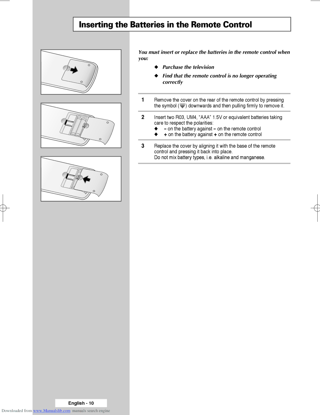 Samsung SP61L3HX, SP50L3HX, SP56L3HX manual Inserting the Batteries in the Remote Control 