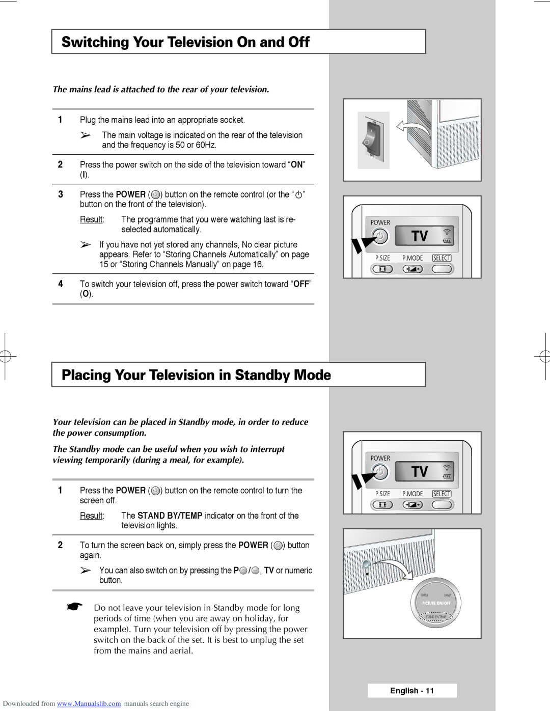 Samsung SP56L3HX, SP50L3HX, SP61L3HX manual Switching Your Television On and Off, Placing Your Television in Standby Mode 