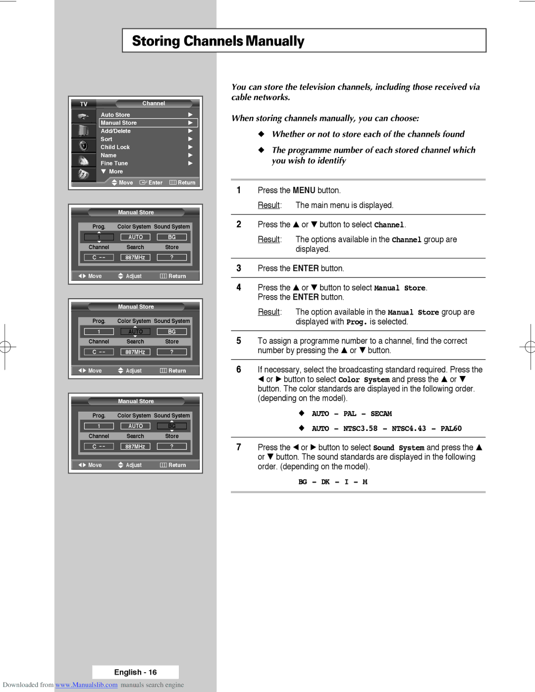 Samsung SP61L3HX, SP50L3HX, SP56L3HX manual Storing ChannelsManually, Auto PAL Secam 