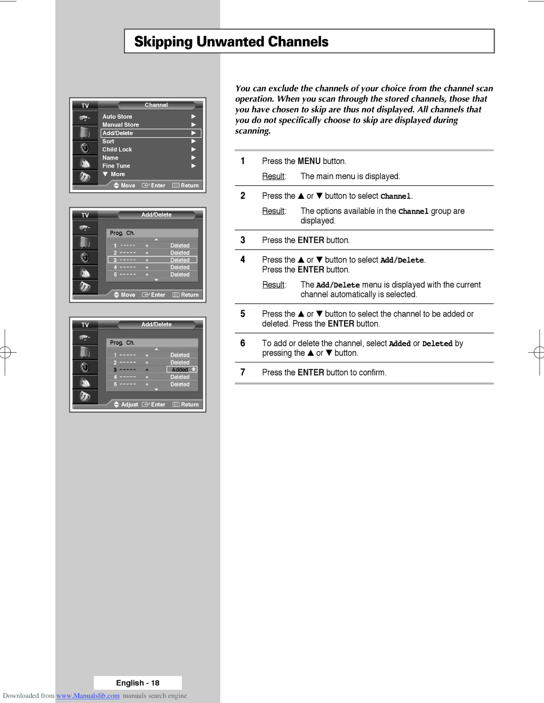 Samsung SP50L3HX, SP61L3HX, SP56L3HX manual Skipping Unwanted Channels 