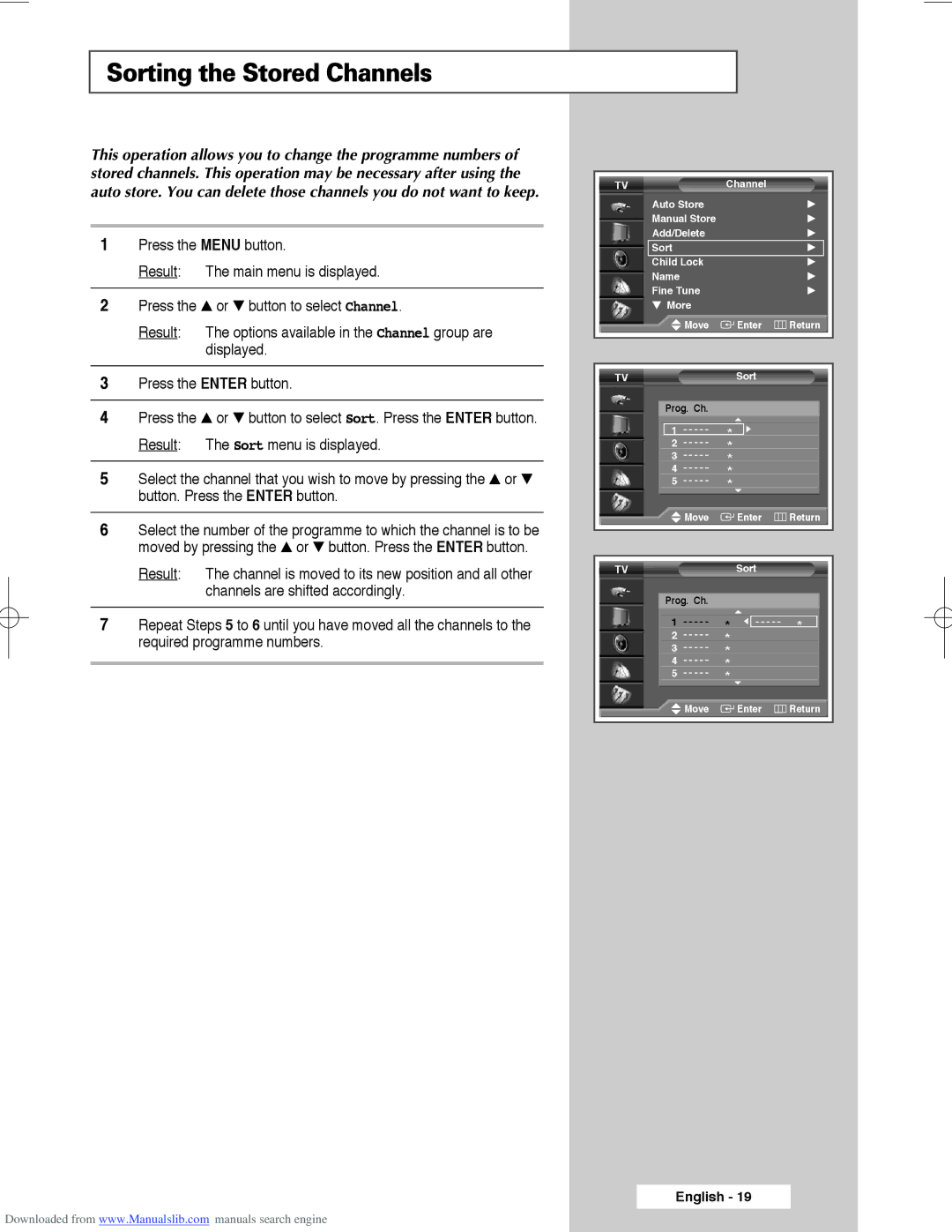 Samsung SP61L3HX, SP50L3HX, SP56L3HX manual Sorting the Stored Channels 