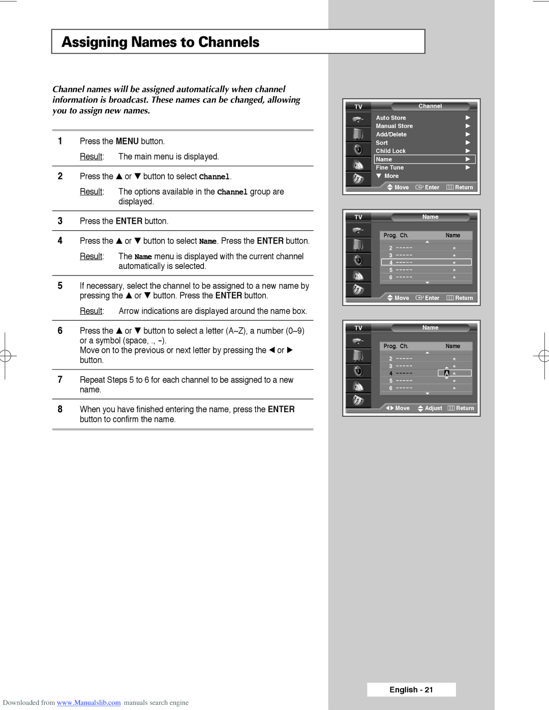 Samsung SP50L3HX, SP61L3HX, SP56L3HX manual Assigning Names to Channels 