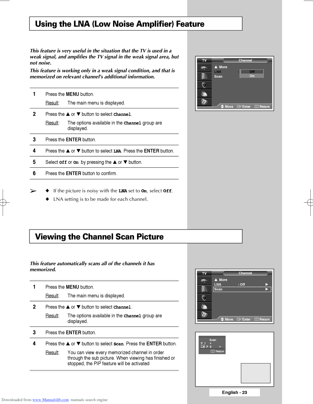 Samsung SP56L3HX, SP50L3HX, SP61L3HX manual Using the LNA Low Noise Amplifier Feature, Viewing the Channel Scan Picture 