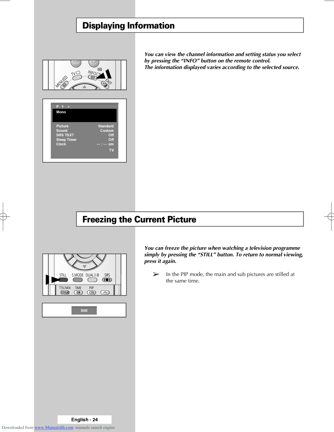 Samsung SP50L3HX, SP61L3HX, SP56L3HX manual Displaying Information, Freezing the Current Picture 