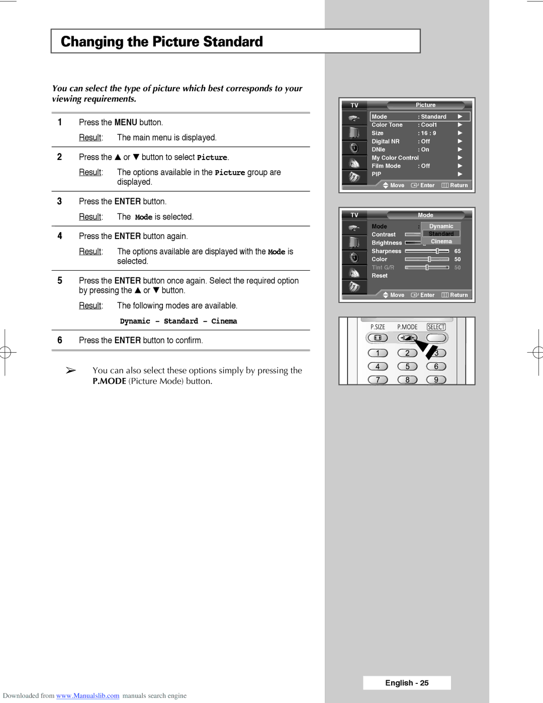 Samsung SP61L3HX, SP50L3HX, SP56L3HX manual Changing the Picture Standard, Dynamic Standard Cinema 