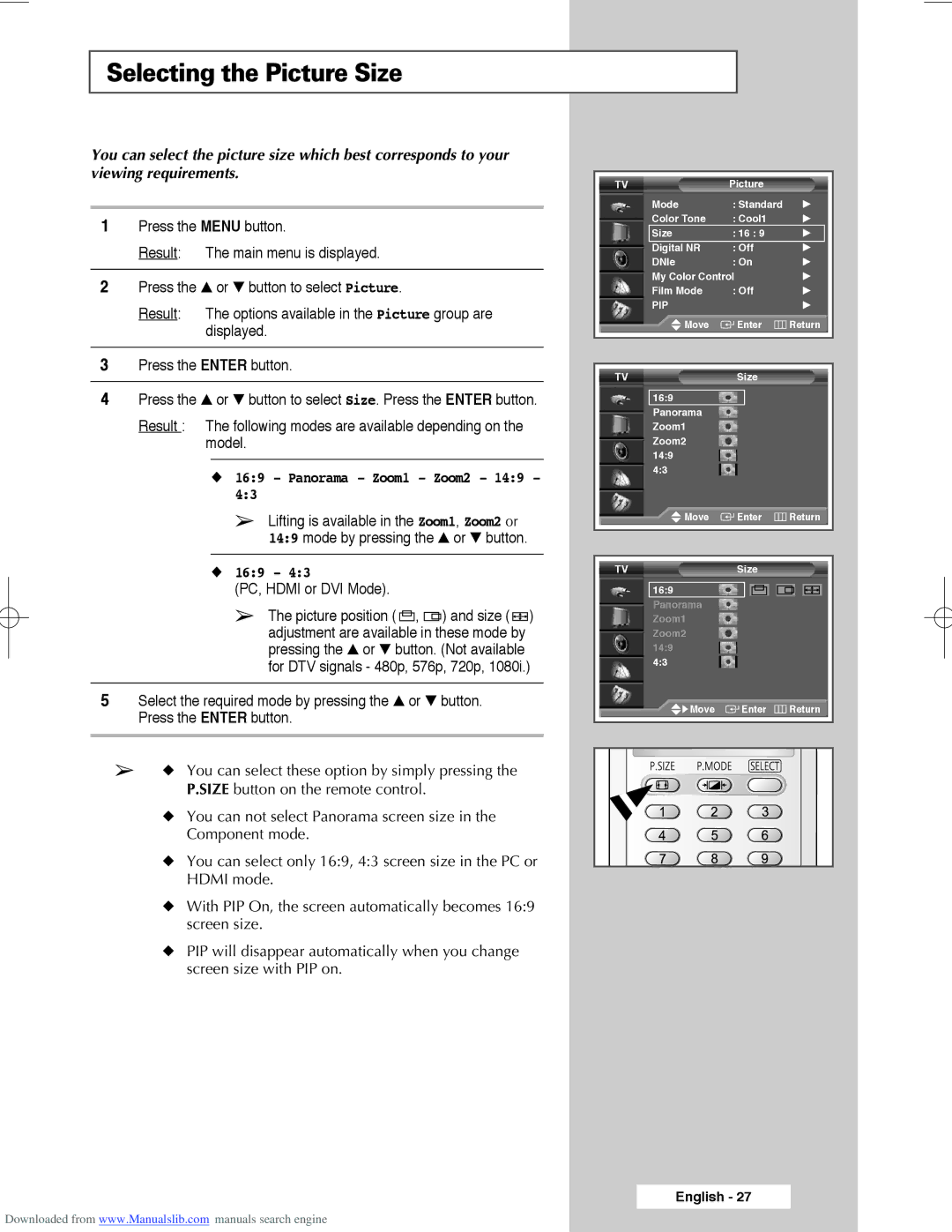 Samsung SP50L3HX, SP61L3HX, SP56L3HX manual Selecting the Picture Size, 169 