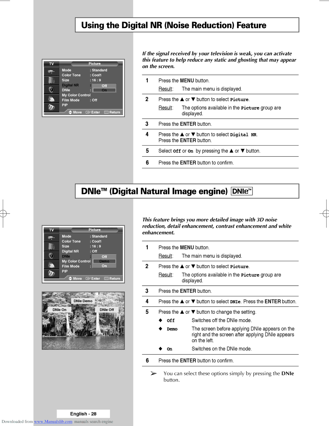 Samsung SP61L3HX, SP50L3HX, SP56L3HX manual Using the Digital NR Noise Reduction Feature, DNIeTM Digital Natural Image engine 