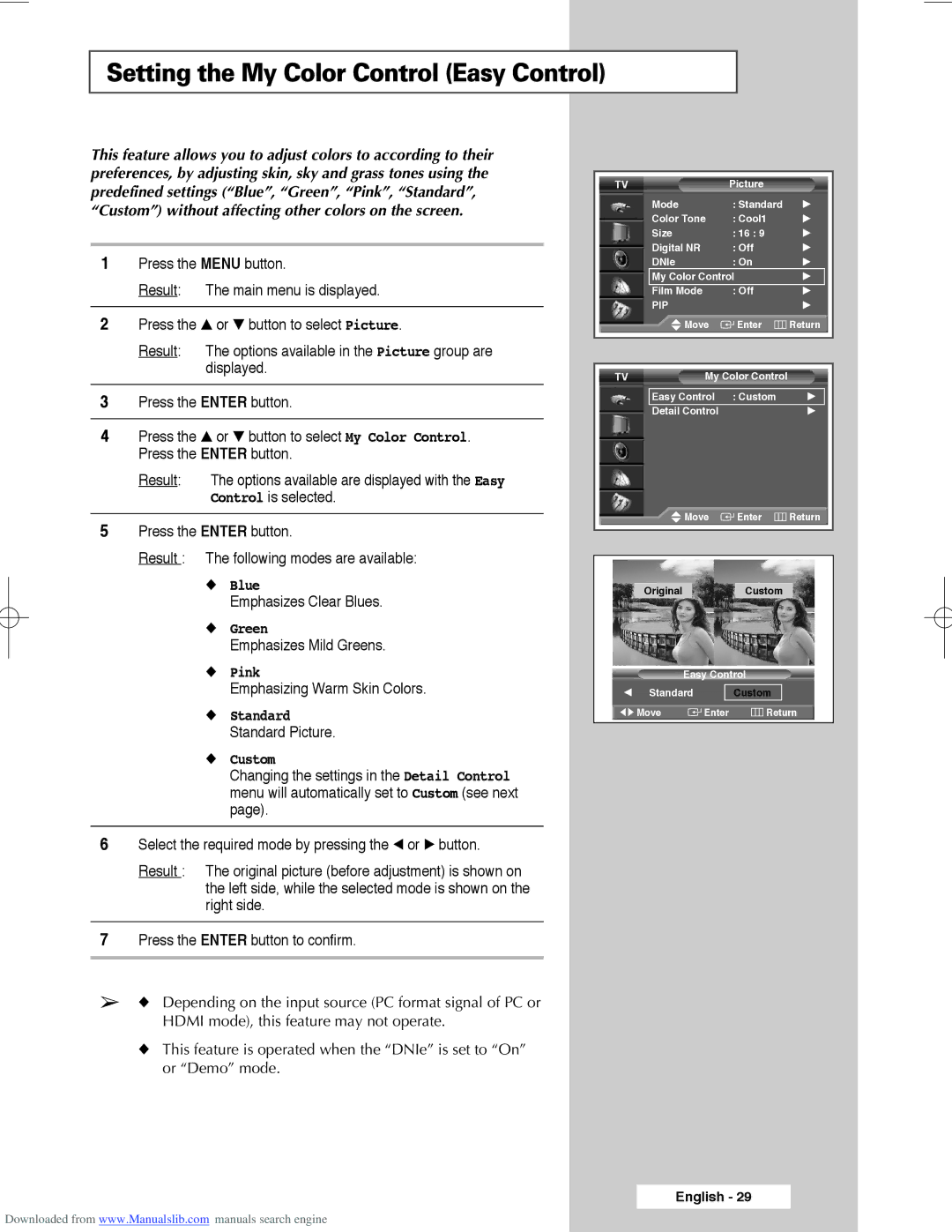 Samsung SP56L3HX, SP50L3HX, SP61L3HX manual Setting the My Color Control Easy Control, Custom 