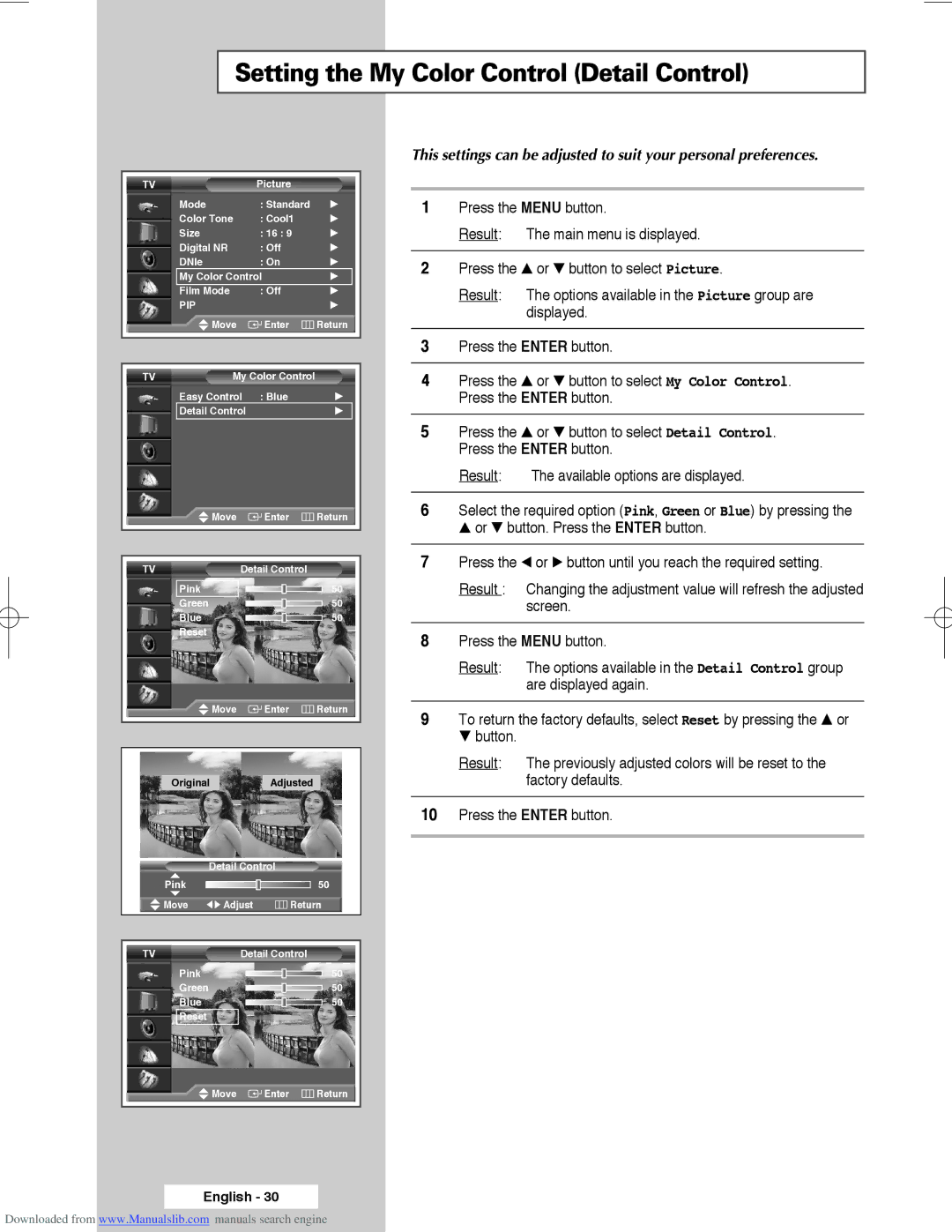 Samsung SP50L3HX, SP61L3HX, SP56L3HX manual Setting the My Color Control Detail Control 