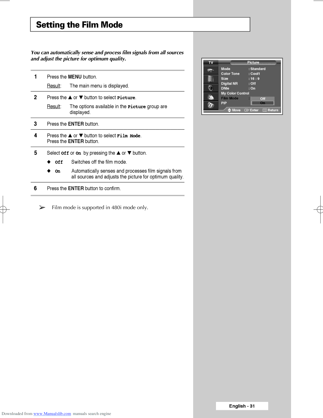 Samsung SP61L3HX, SP50L3HX, SP56L3HX manual Setting the Film Mode 