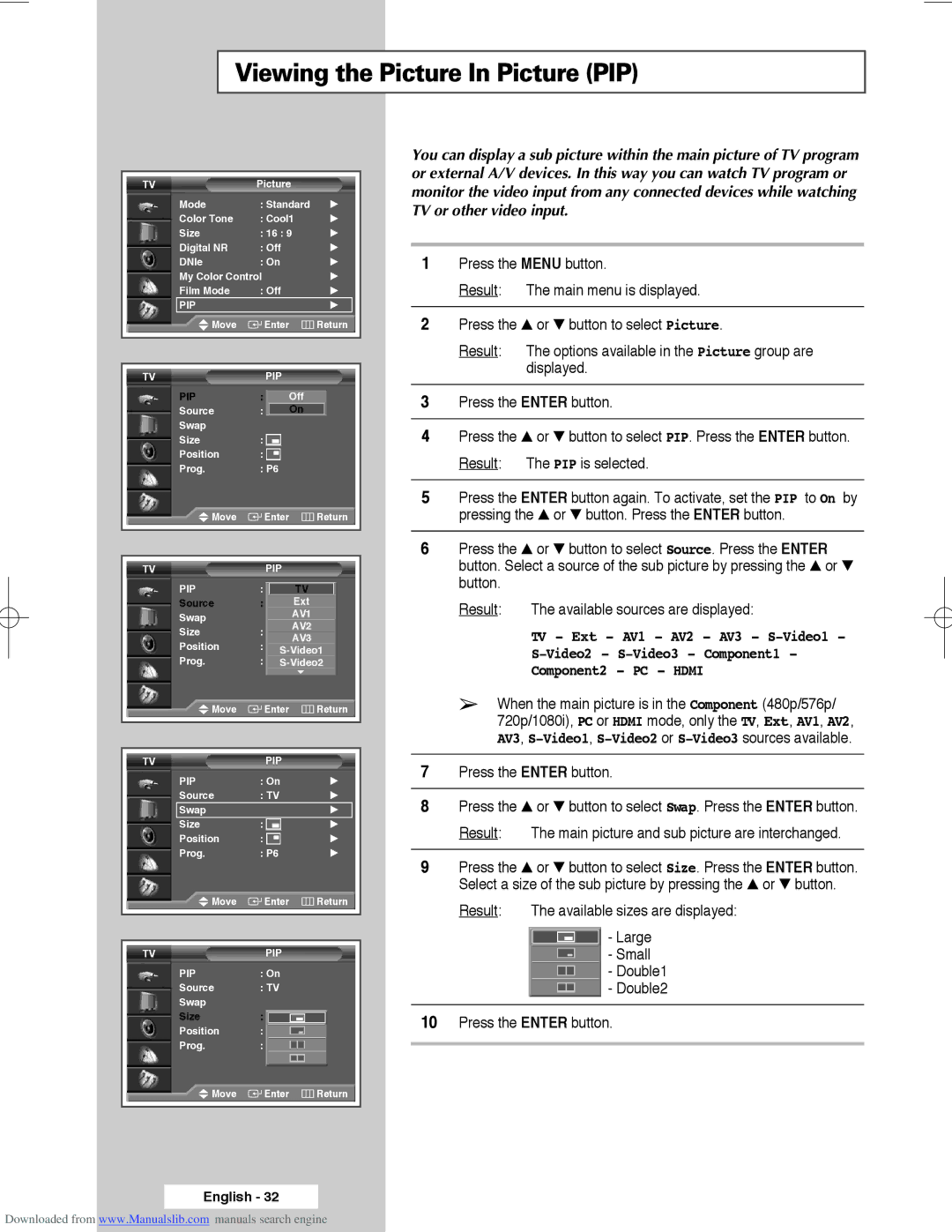 Samsung SP56L3HX, SP50L3HX manual Viewing the Picture In Picture PIP, AV3, S-Video1,S-Video2 or S-Video3 sources available 